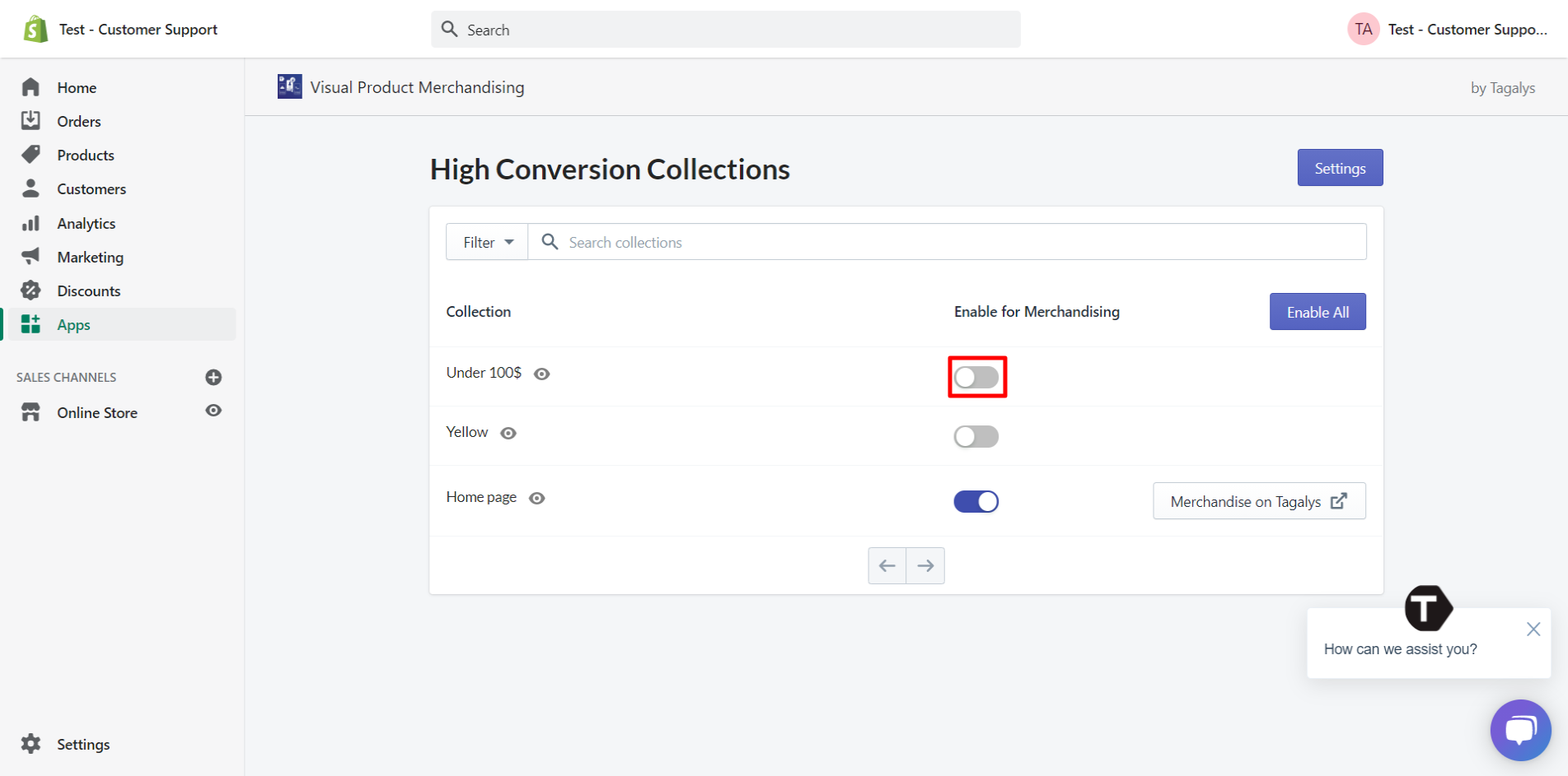 Enable a Shopify Collection for Merchandising in Tagalys. 